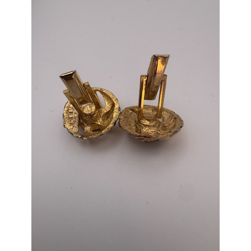 Vintage Brutalist Cufflinks Mid Century Gold Tone Swirl Purple Rhinestone - Picture 8 of 9